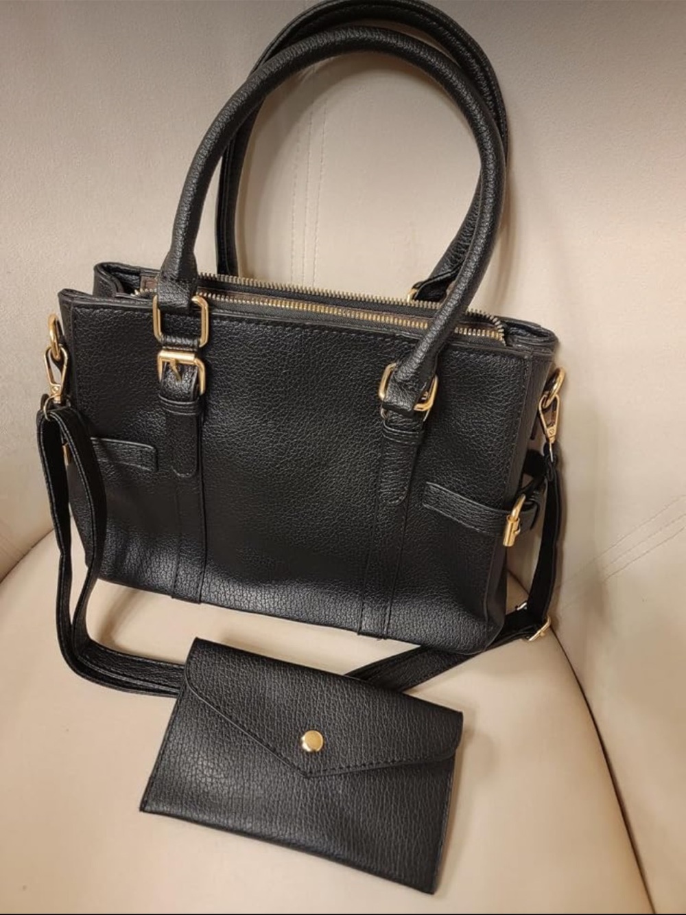 Classic Black PU Leather Tote Handbag with Matching Wallet Set